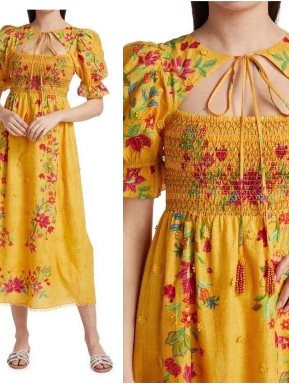 FARM Rio Yellow Floral Dream Smocked Midi Dress L